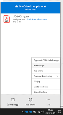 Skärmdump av menyn som visas när man högerklickar på OneDrive-ikonen i aktivitetsfältet.