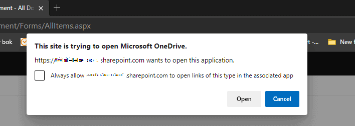 Skärmdump av fönstret som frågar om OneDrive får öppnas